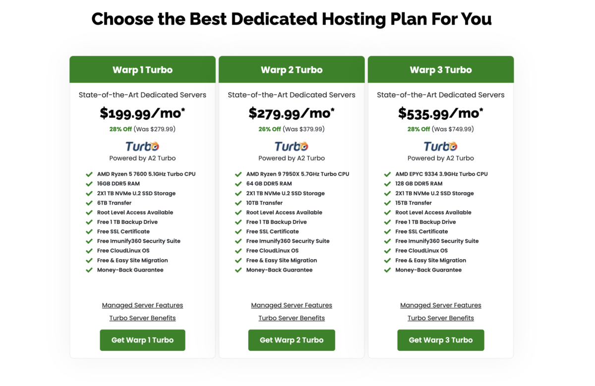 Dedicated Hosting Plan options chart. Features Warp Turbo 1, Warp Turbo 2, Warp Turbo 3